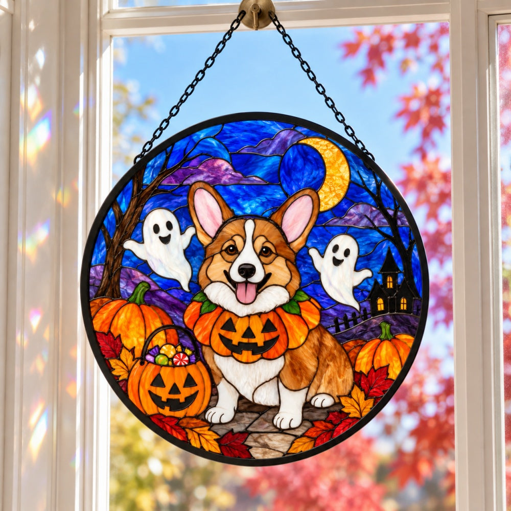 Corgi Halloween stained glass suncatcher window hanging, suitable for home and garden decoration