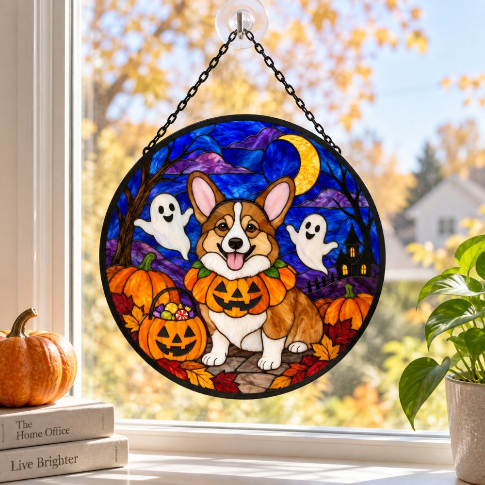 Corgi Halloween stained glass suncatcher window hanging, suitable for home and garden decoration