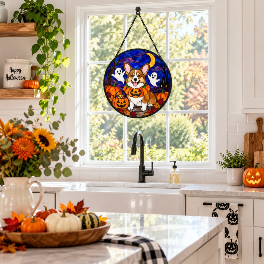 Corgi Halloween stained glass suncatcher window hanging, suitable for home and garden decoration