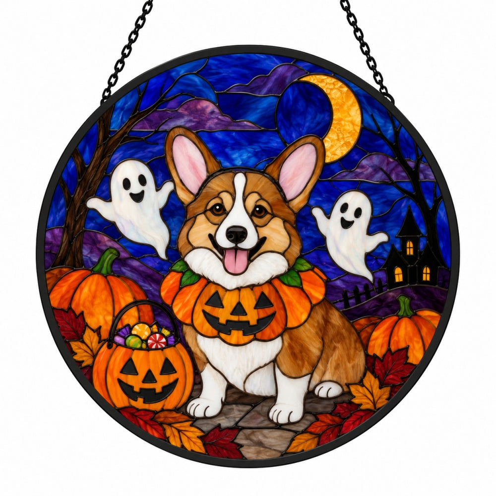 Corgi Halloween stained glass suncatcher window hanging, suitable for home and garden decoration
