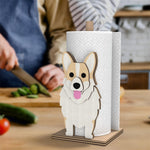 Corgi Wooden Dog Paper Towel Holder displayed on a kitchen countertop with a freestanding paper towel roll