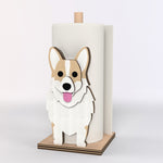 Corgi Wooden Dog Paper Towel Holder displayed on a kitchen countertop with a freestanding paper towel roll