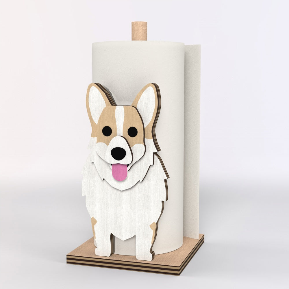 Corgi Wooden Dog Paper Towel Holder displayed on a kitchen countertop with a freestanding paper towel roll