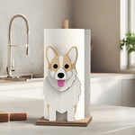 Corgi Wooden Dog Paper Towel Holder displayed on a kitchen countertop with a freestanding paper towel roll