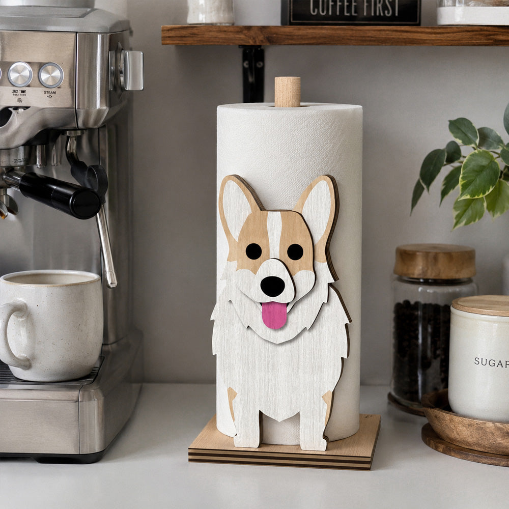 Corgi Wooden Dog Paper Towel Holder displayed on a kitchen countertop with a freestanding paper towel roll