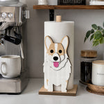 Corgi Wooden Dog Paper Towel Holder displayed on a kitchen countertop with a freestanding paper towel roll