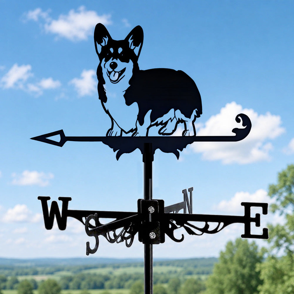 Corgi metal weather vane with directional arrows and mounting rod, outdoor roof and garden decoration