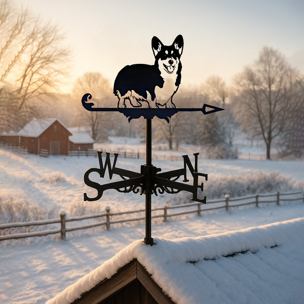 Corgi metal weather vane with directional arrows and mounting rod, outdoor roof and garden decoration