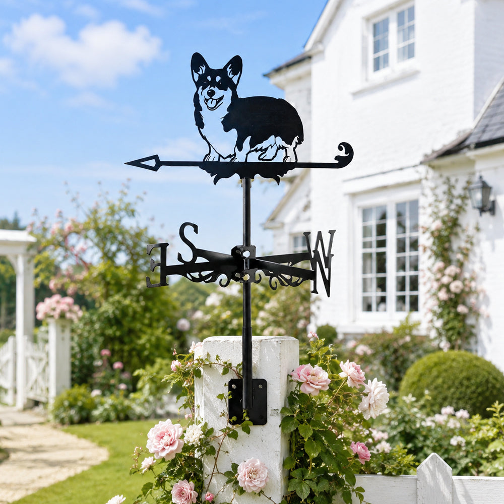 Corgi metal weather vane with directional arrows and mounting rod, outdoor roof and garden decoration