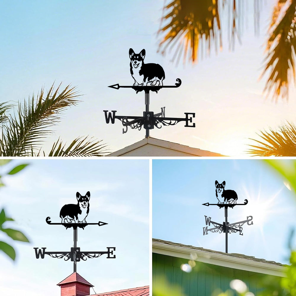 Corgi metal weather vane with directional arrows and mounting rod, outdoor roof and garden decoration