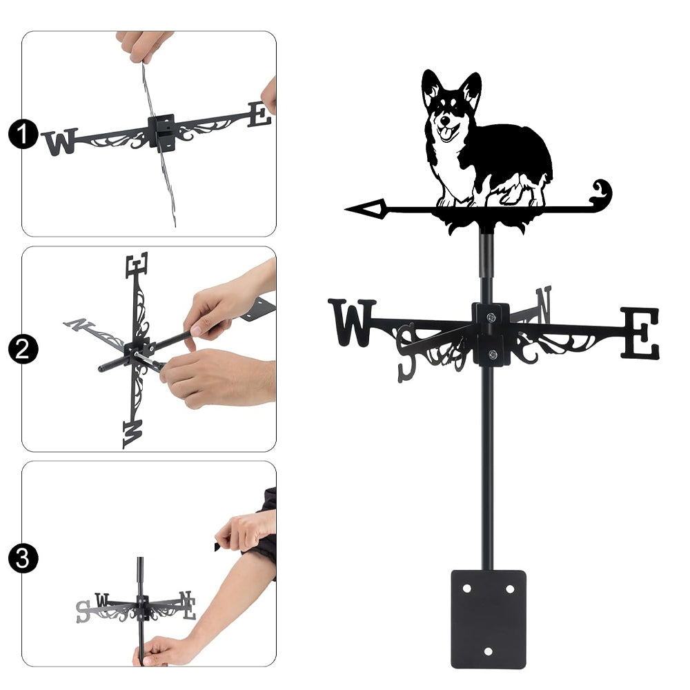 Corgi metal weather vane with directional arrows and mounting rod, outdoor roof and garden decoration