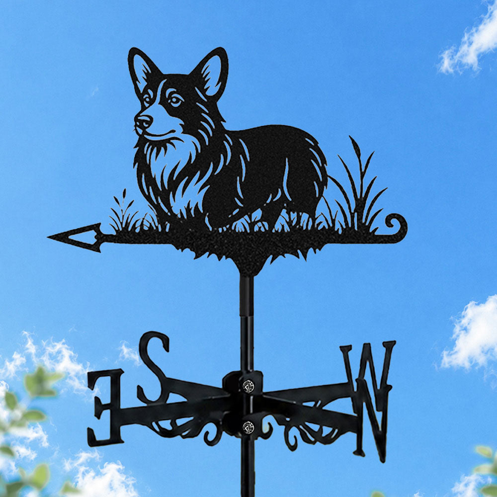 Corgi metal weather vane with directional arrows and mounting rod, outdoor roof and garden decoration
