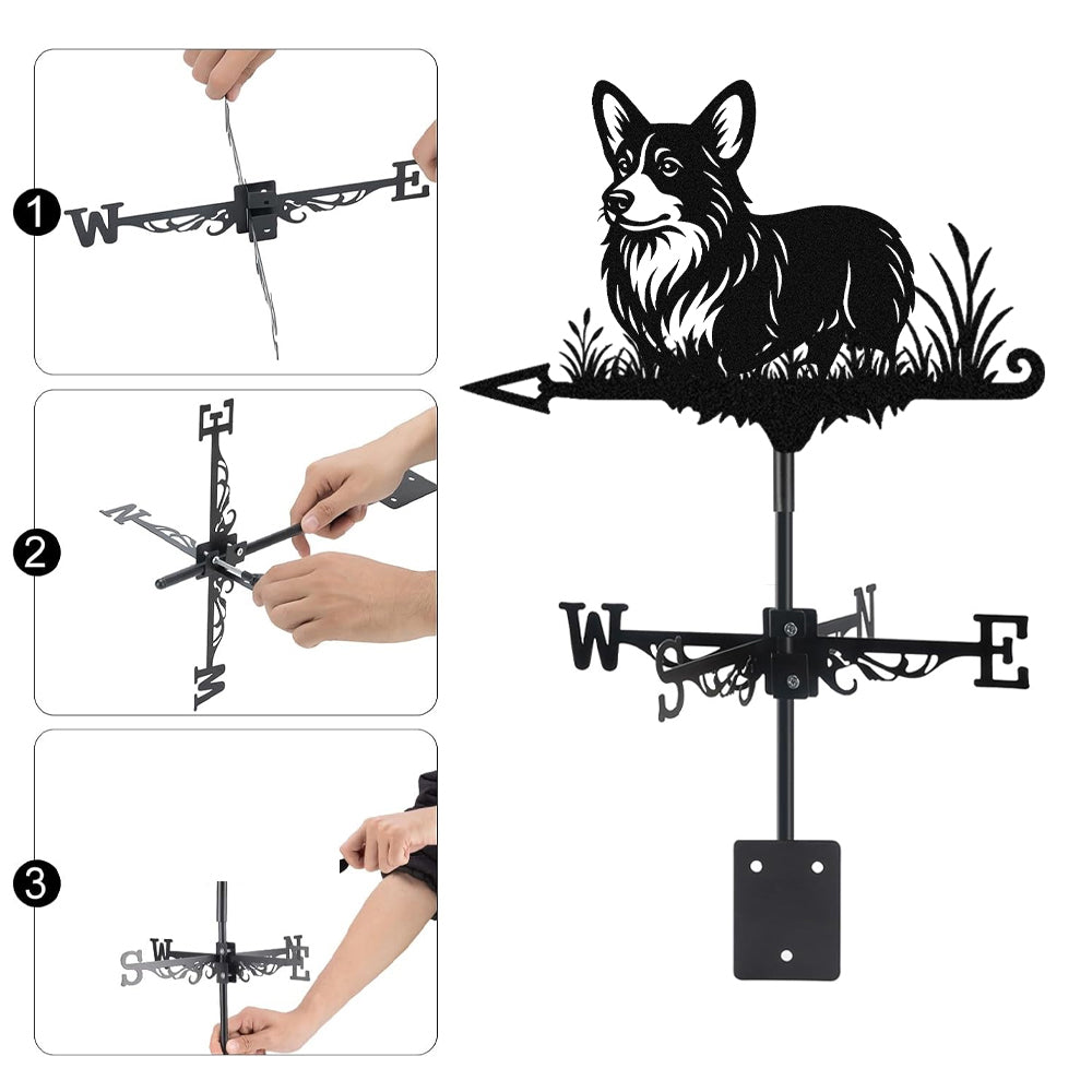 Corgi metal weather vane with directional arrows and mounting rod, outdoor roof and garden decoration