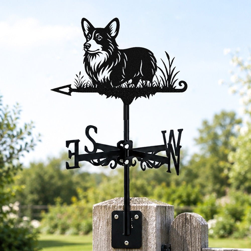 Corgi metal weather vane with directional arrows and mounting rod, outdoor roof and garden decoration