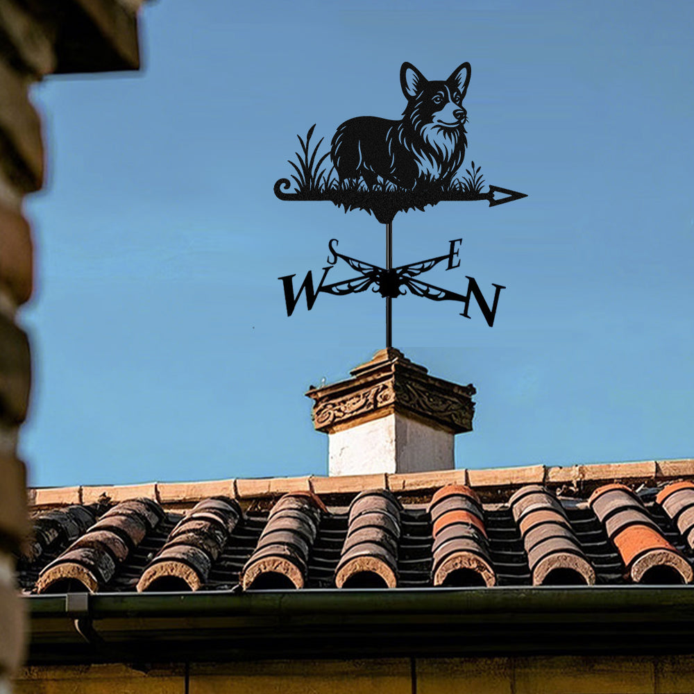 Corgi metal weather vane with directional arrows and mounting rod, outdoor roof and garden decoration
