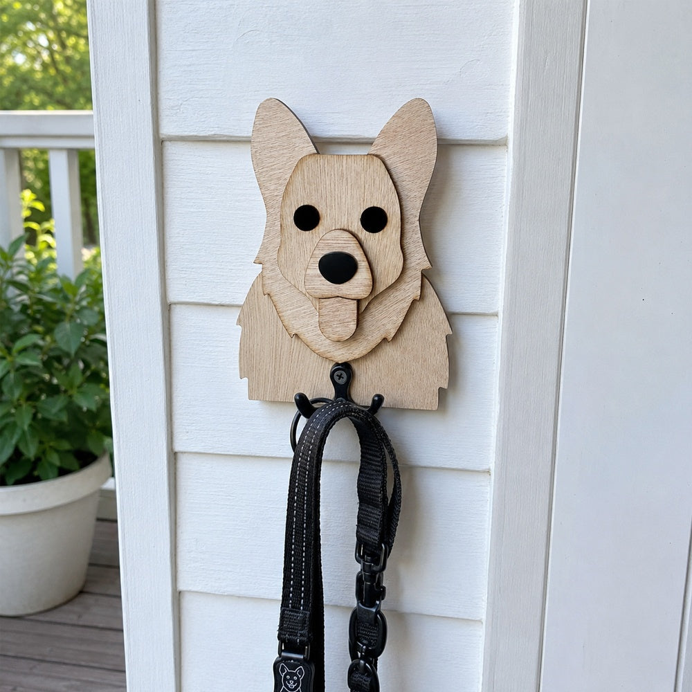 Wooden corgi dog wall hook key and leash holder for home entryway organizer