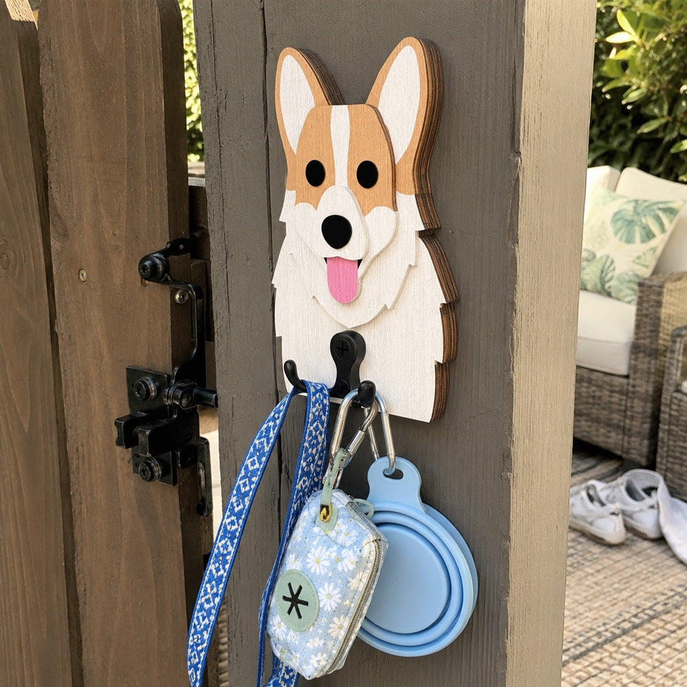 Wooden corgi dog wall hook key and leash holder for home entryway organizer