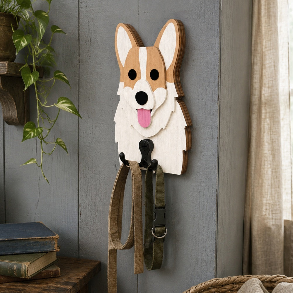 Wooden corgi dog wall hook key and leash holder for home entryway organizer