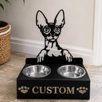 Personalized cornish rex cat metal cat bowl stand with custom name cutout and two removable feeding bowls