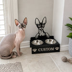 Personalized cornish rex cat metal cat bowl stand with custom name cutout and two removable feeding bowls
