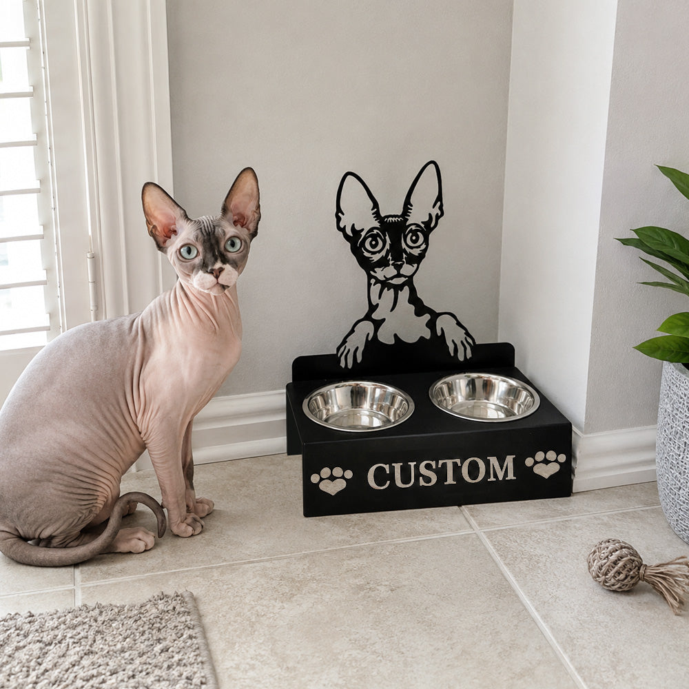 Personalized cornish rex cat metal cat bowl stand with custom name cutout and two removable feeding bowls