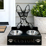 Personalized cornish rex cat metal cat bowl stand with custom name cutout and two removable feeding bowls