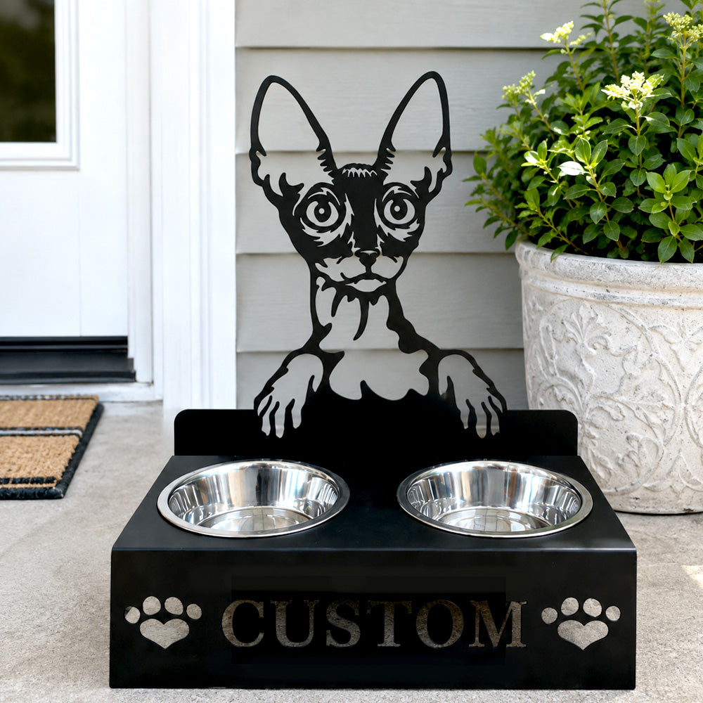 Personalized cornish rex cat metal cat bowl stand with custom name cutout and two removable feeding bowls