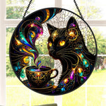 Cosmic black cat coffee cup stained glass suncatcher window hanging, suitable for home and garden decoration