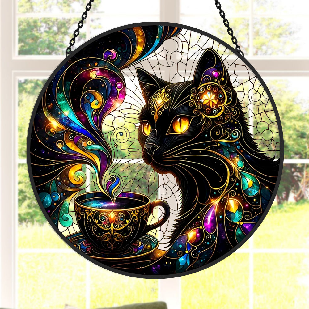 Cosmic black cat coffee cup stained glass suncatcher window hanging, suitable for home and garden decoration