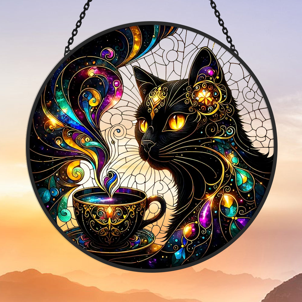 Cosmic black cat coffee cup stained glass suncatcher window hanging, suitable for home and garden decoration