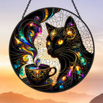 Cosmic black cat coffee cup stained glass suncatcher window hanging, suitable for home and garden decoration