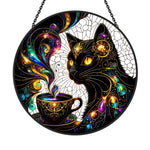 Cosmic black cat coffee cup stained glass suncatcher window hanging, suitable for home and garden decoration