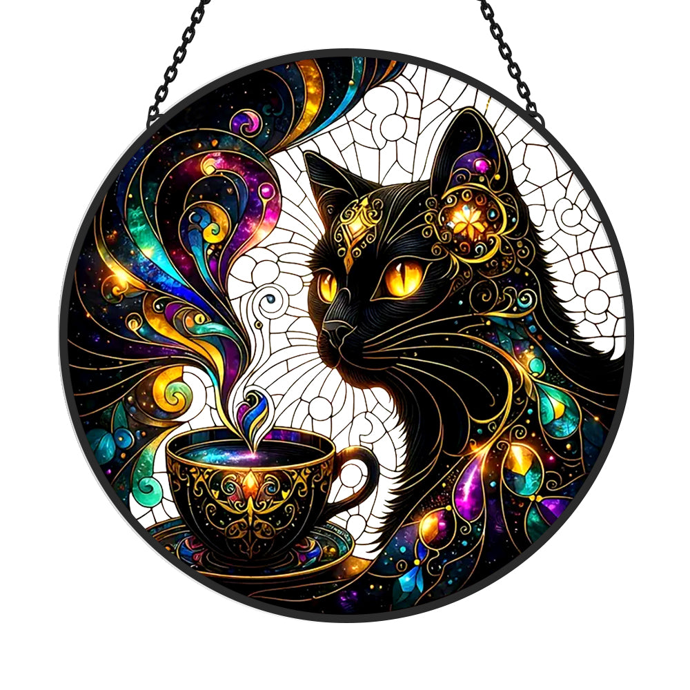 Cosmic black cat coffee cup stained glass suncatcher window hanging, suitable for home and garden decoration