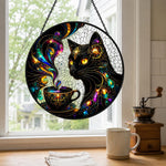 Cosmic black cat coffee cup stained glass suncatcher window hanging, suitable for home and garden decoration