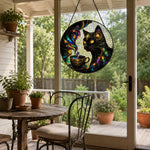 Cosmic black cat coffee cup stained glass suncatcher window hanging, suitable for home and garden decoration
