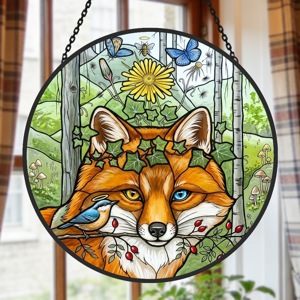 Cottagecore ivy crown fox with bird stained glass suncatcher window hanging, suitable for home and garden decoration