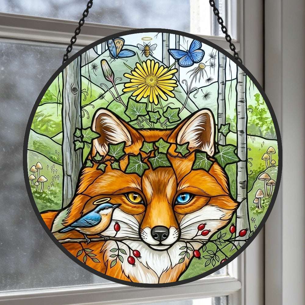 Cottagecore ivy crown fox with bird stained glass suncatcher window hanging, suitable for home and garden decoration