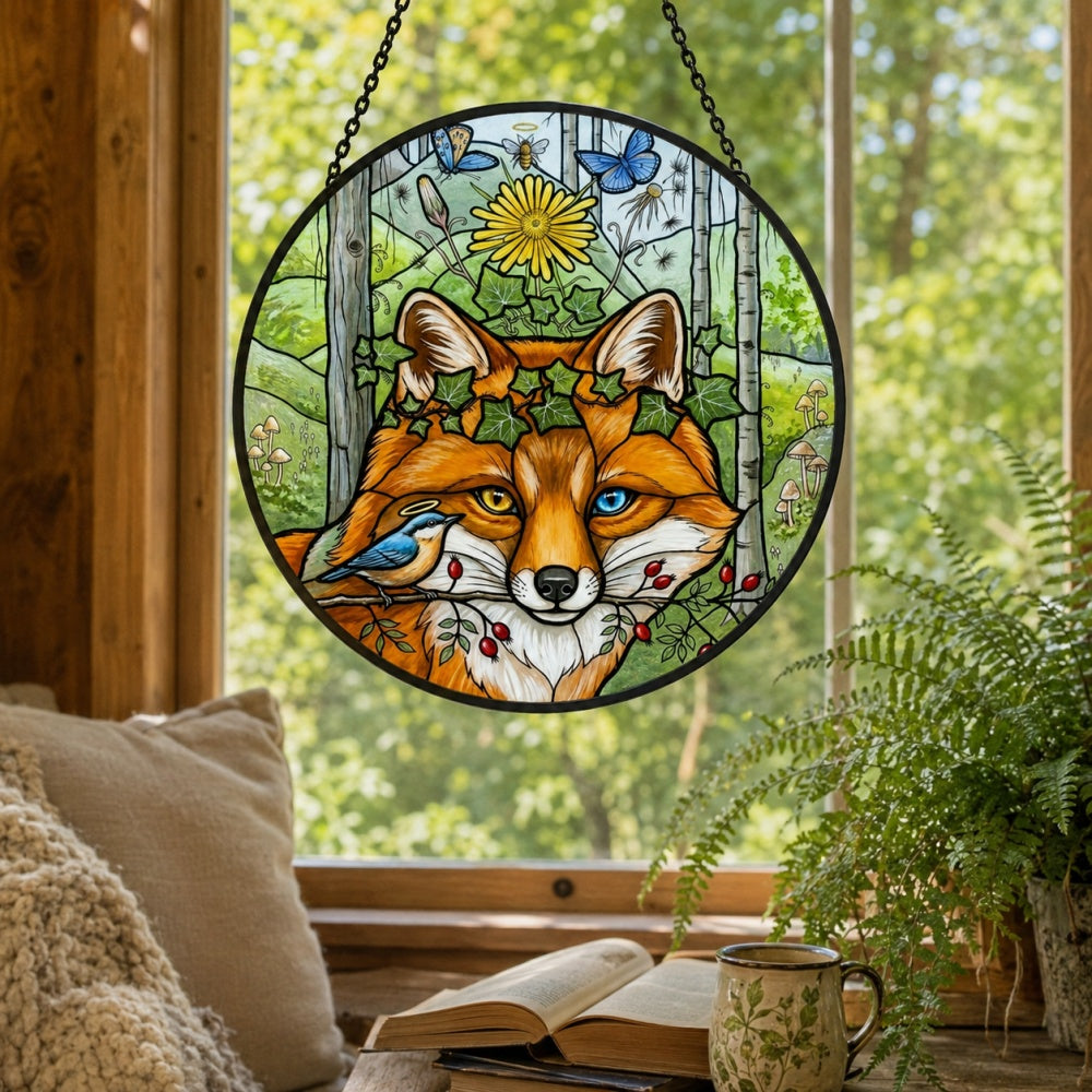 Cottagecore ivy crown fox with bird stained glass suncatcher window hanging, suitable for home and garden decoration