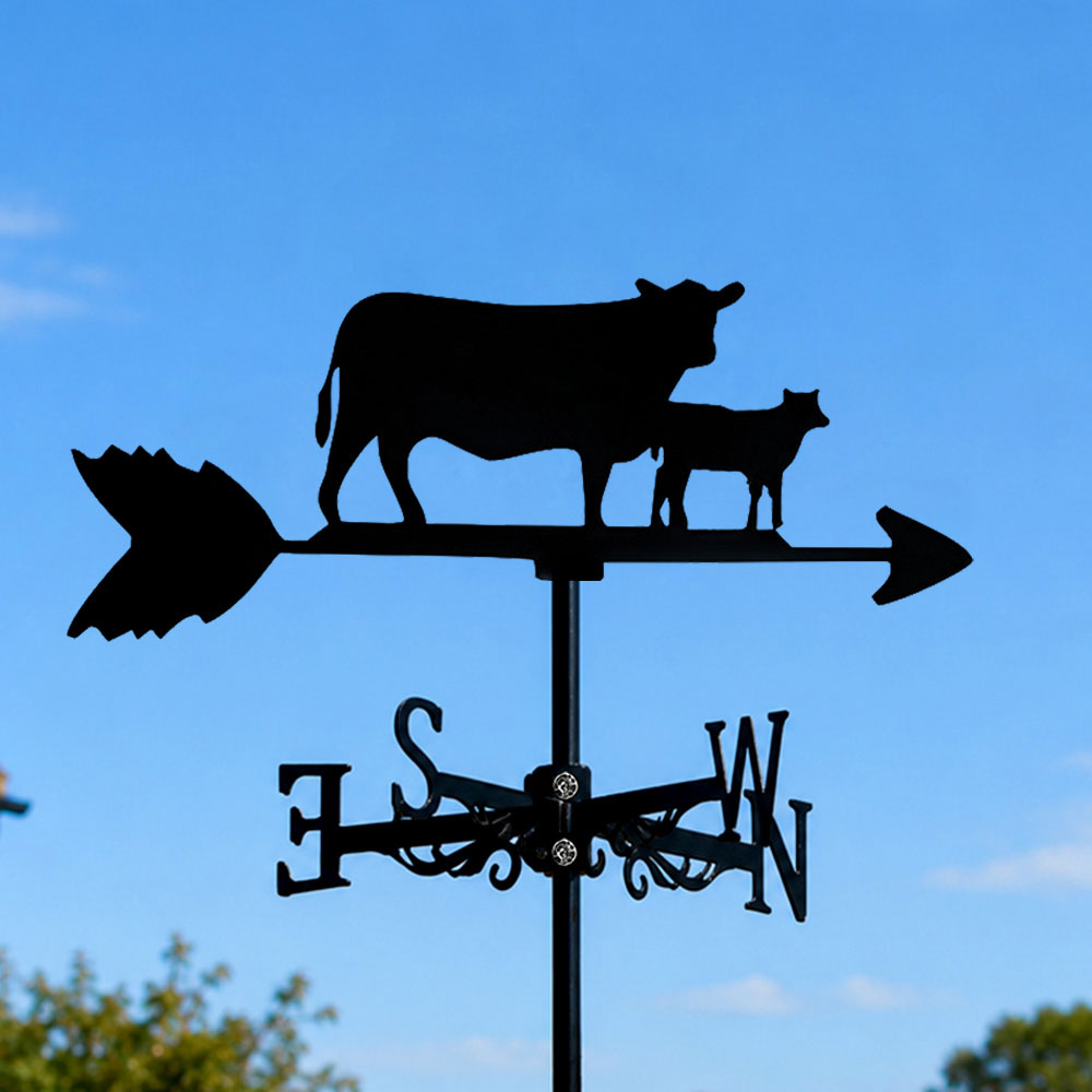 Cow and calf metal weather vane with directional arrows and mounting rod, outdoor roof and garden decoration