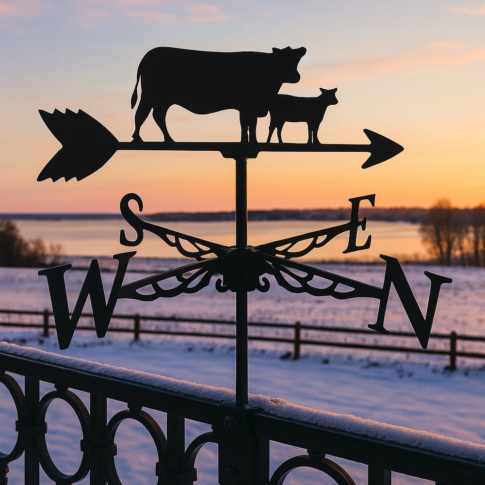 Cow and calf metal weather vane with directional arrows and mounting rod, outdoor roof and garden decoration