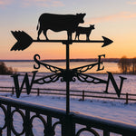 Cow and calf metal weather vane with directional arrows and mounting rod, outdoor roof and garden decoration