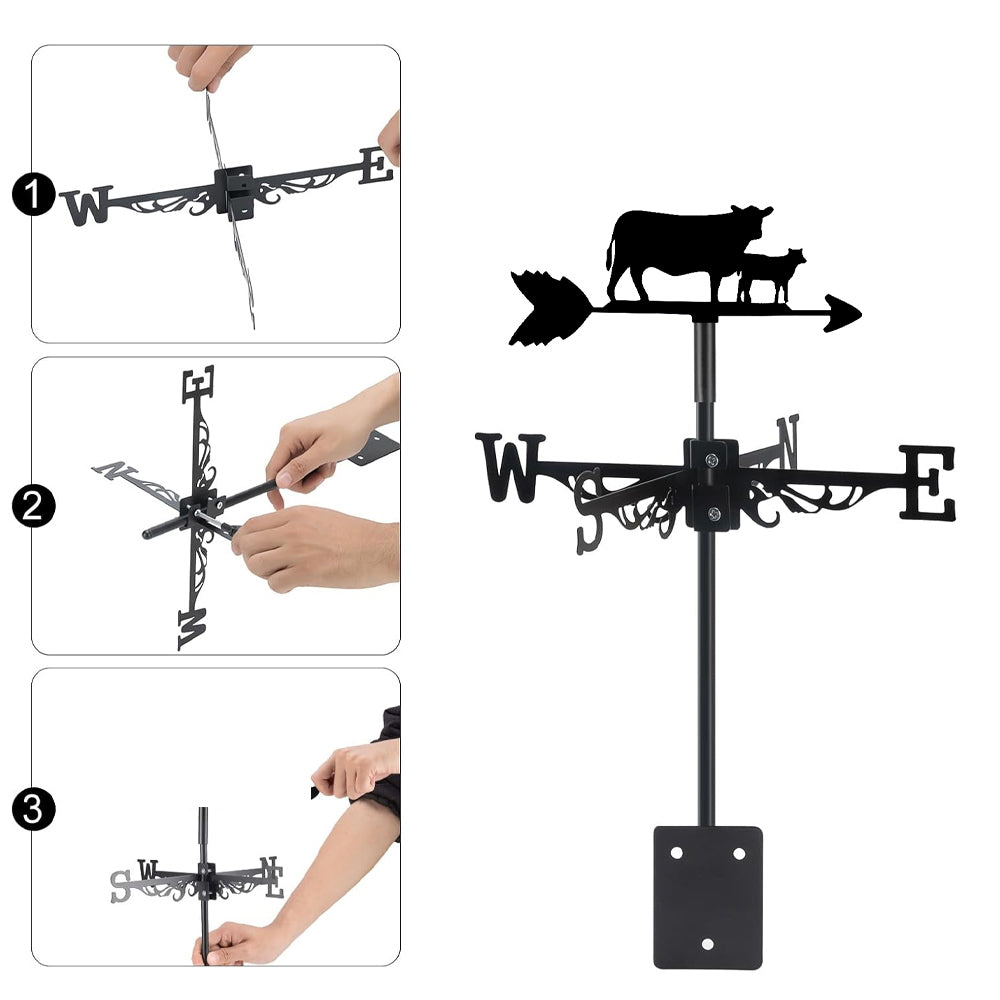 Cow and calf metal weather vane with directional arrows and mounting rod, outdoor roof and garden decoration