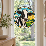 Cow stained glass suncatcher window hanging, suitable for home and garden decoration