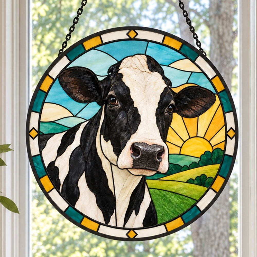 Cow stained glass suncatcher window hanging, suitable for home and garden decoration