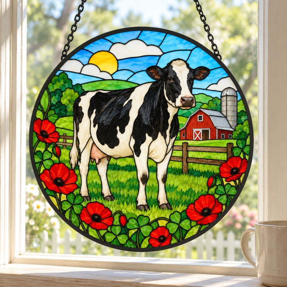 Cow stained glass suncatcher window hanging, suitable for home and garden decoration