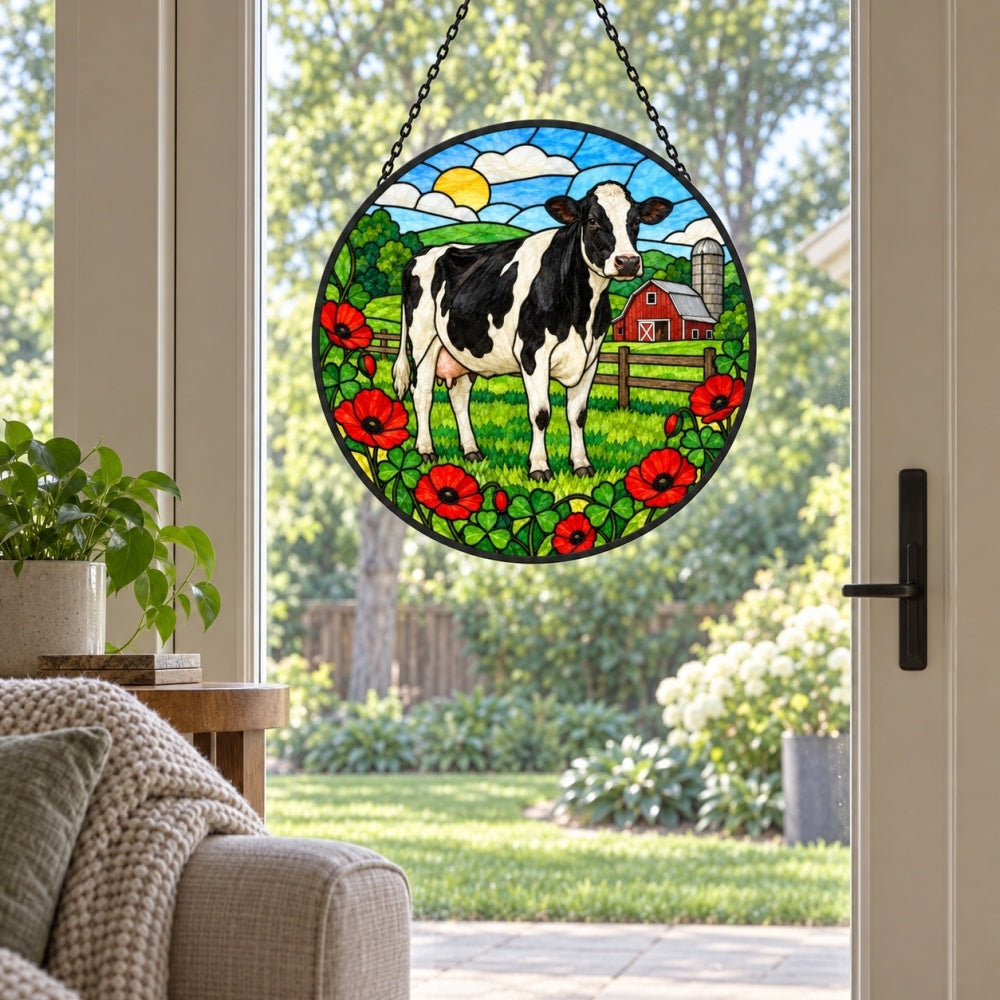 Cow stained glass suncatcher window hanging, suitable for home and garden decoration