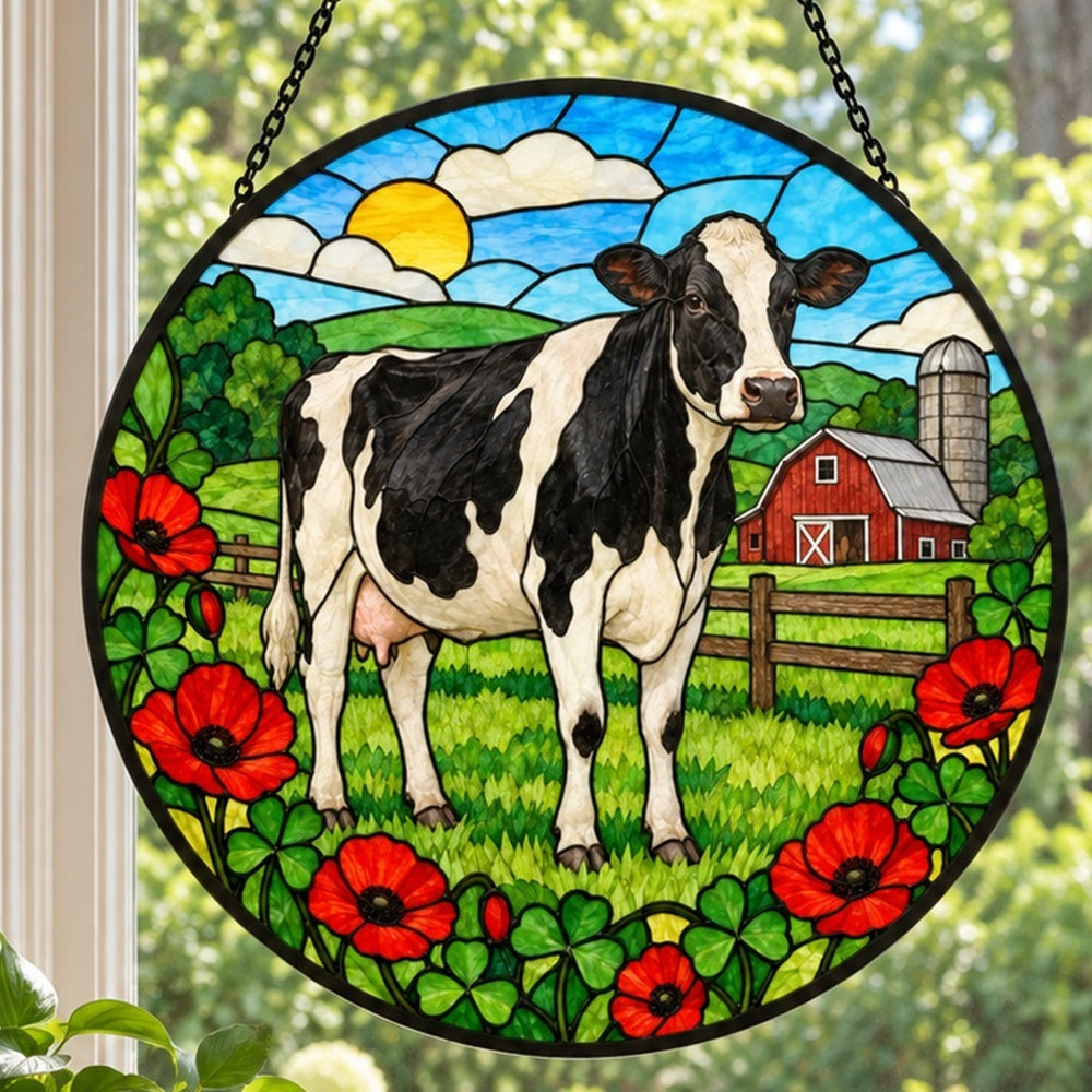 Cow stained glass suncatcher window hanging, suitable for home and garden decoration
