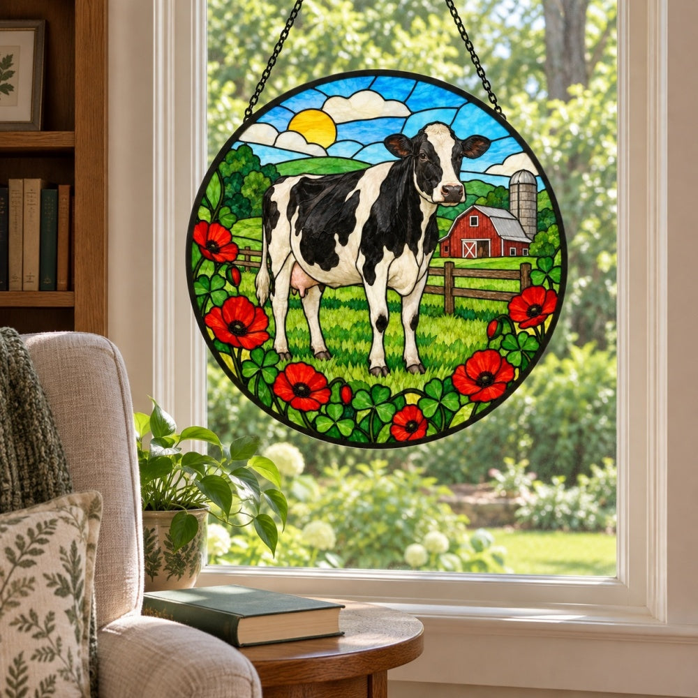 Cow stained glass suncatcher window hanging, suitable for home and garden decoration