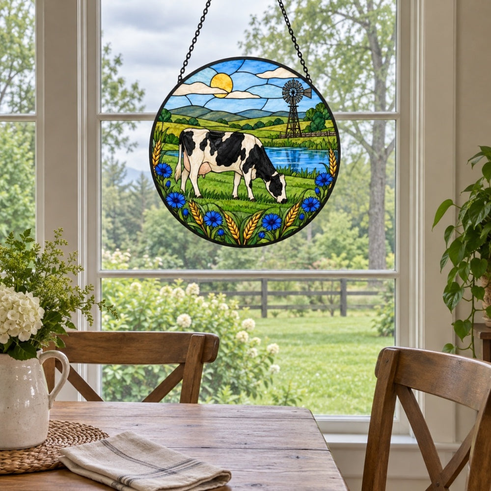 Cow stained glass suncatcher window hanging, suitable for home and garden decoration