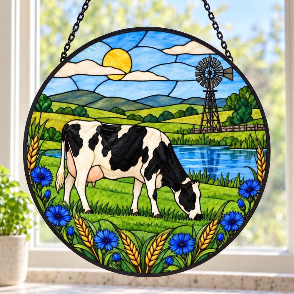 Cow stained glass suncatcher window hanging, suitable for home and garden decoration